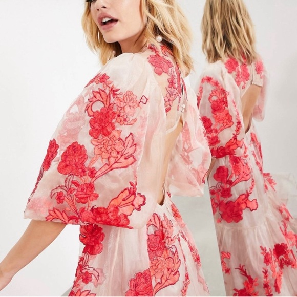 In Search Of: ASOS Organza Midi Dress Pink Floral Embroidery 🌷🌸 - Picture 2 of 3